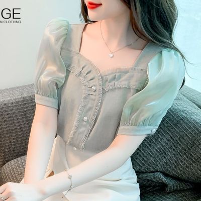 YIGE Puff-sleeved short square-neck blouse womens summer new high-end Korean style blouse tunic