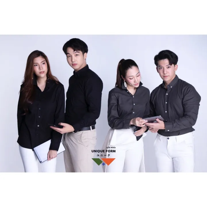 uniqueform-เสื้อเชิ้ต-แขนยาว-แขนสั้น-คอจีน-คอปก-สีชาโคล-สีดำกระดุมดำ-charcoal-grey-classic-black-pure-oxford-shirt