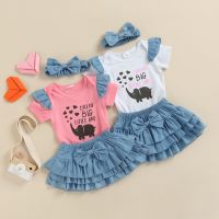 Infant Baby Girls Suit Set, Letter Elephant Round Neck Short Sleeve Romper+ Solid Color Pleated Skirt+ Headband, 0-12 Months  by Hs2023