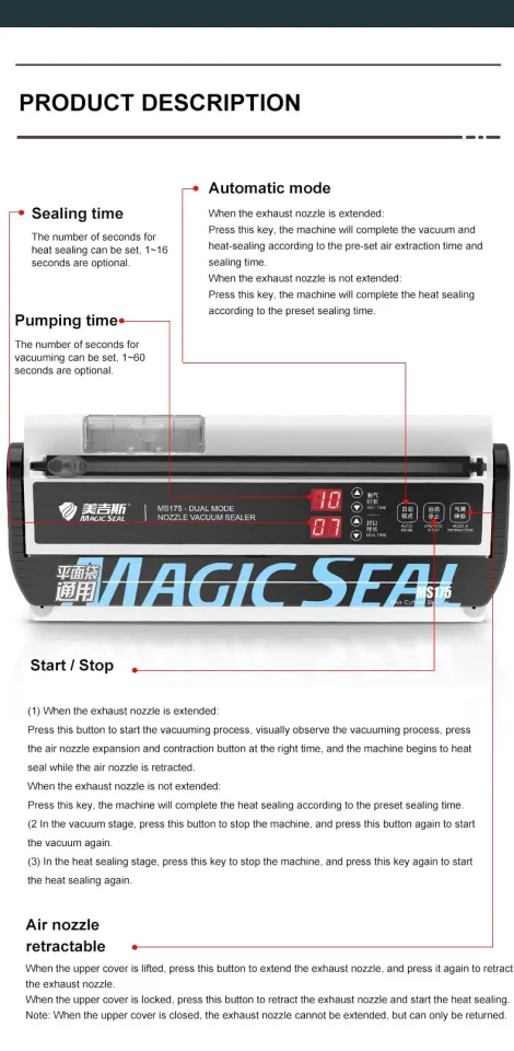 Magic Seal MS175 Vacuum Sealer Machine for Food Preservation, Nozzle Type,  Compatible with Mylar Bags, Adjustable Vacuum and Sealing Time, Automatic