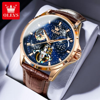 OLEVS นาฬิกาสำหรับผู้ชายสายหนังอัตโนมัติกันน้ำ origional กลวงออกแบบขั้นตอนดวงจันทร์ทัวร์บิลออนธุรกิจความบันเทิงชายนาฬิกา