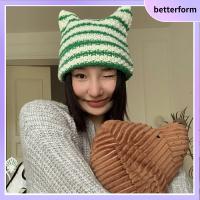 BETTERFORM หมวกลำลอง หมวกของผู้หญิง หูแมวน่ารัก ฤดูหนาวฤดูใบไม้ร่วงฤดูหนาว อินปีศาจน้อย หมวกขนสัตว์ถัก หมวกบีนนี่ญี่ปุ่น แถบลายทาง