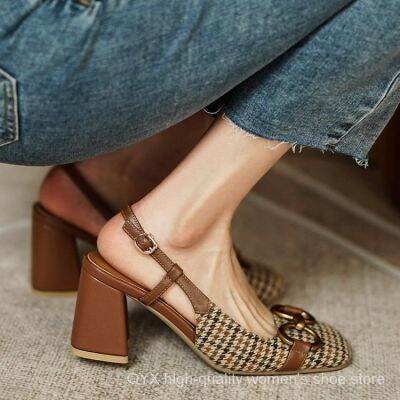 Apartment Sandals Womens Chunky-Heel Retro Square Head Mid-Heel High-Heel Womens Singles Shoes