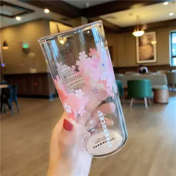 New Starbucks Pink Sakura Color-changing Glass Coffee Mug Cup with Flower  Stick 