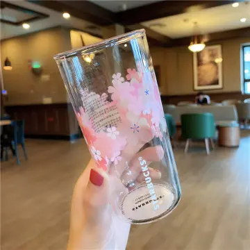 New Starbucks Pink Sakura Color-changing Glass Coffee Mug Cup with Flower  Stick