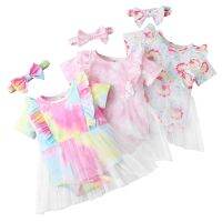 Orangemom New Style Dyeing Baby Romper Short Sleeve Pure Cotton Princess Dress Girls Kids Fashion Rainbow Tie Dye Mesh Infant Jumpsuit with Hairband Children Clothes Set