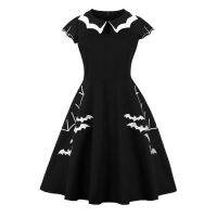 ผู้หญิงฮาโลวีนแขนสั้น Keyhole Swing Midi ชุดค้างคาว Spider Web เย็บปักถักร้อย Vintage Gothic Cosplay Party Clubwear