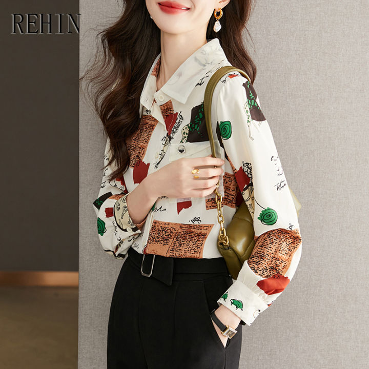 rehin-เสื้อแขนยาวสำหรับผู้หญิง-เสื้อคอปกทรงหลวมพิมพ์ลายเสื้อชีฟอง