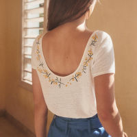 Floral Embroidered Chic T-Shirt Women Linen White Backless Sexy Elegant Tee Tops 2021 Summer Femme Office Lady Fashion Tshirt