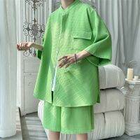 【hot seller】 Waffle suit mens summer baseball collar three-quarter-sleeved short-sleeved set with two-piece trendy