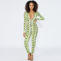 Snake Skin Print Rompers Womens Jumpsuit Sexy Deep V Neck Long Sleeve One Piece Overall Vintage Neon Green Pink Party Bodysuit