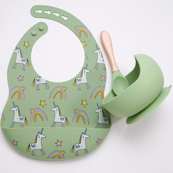 colorful-silicone-spoon-with-wooden-handle-hot-selling-baby-sucker-bowl-waterproof-adjustable-baby-bibs-print-saliva-towel