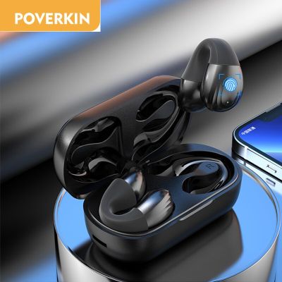 ZZOOI POVERKIN Ear Clip Bluetooth Headphone V5.3 Wireless TWS Earphone Touch Control Earbuds with Microphones HD Calls Sport Headset