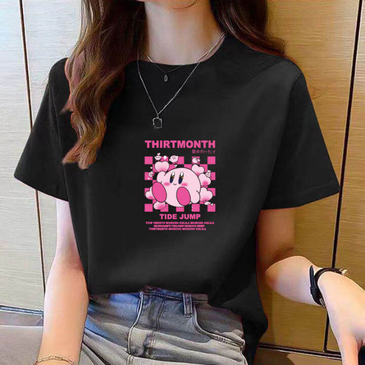 เสื้อยืดสำหรับผู้หญิงคอกลมแขนสั้นพิมพ์ลายการ์ตูนสีดำลำลองใหม่ฤดูร้อนเสื้อแฟชั่นสำหรับผู้หญิงหลวมง่ายสไตล์เกาหลี