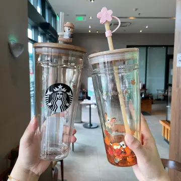 Japanese style Starbucks sakura Wooden Tumblers cover glass Straw cup 591ML  Cherry blossom Double layer coffee