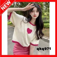 qkq971 เสื้อยืดผู้หญิง 2022ใหม่อารมณ์ที่เรียบง่ายบางแขนสั้นด้านบนสไตล์อ่อนโยนทุกการแข่งขันเสื้อยืดเสื้อถักเสื้อยืดแขนสั้น