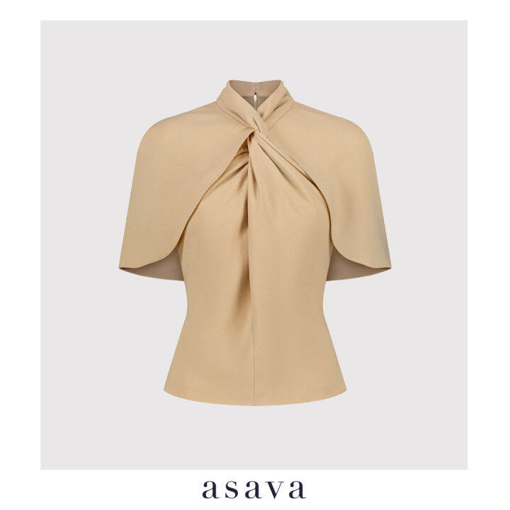 asava-ss23-asava-draped-cape-blouse-เสื้อผู้หญิง-แขนเคป-แต่งเดรปด้านหน้า-แต่งกระดุมคอ-ซิปหลัง