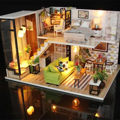Mô hình đồ chơi ngôi nhà quyến rũ mini thu nhỏ có đèn tặng kèm kiếng