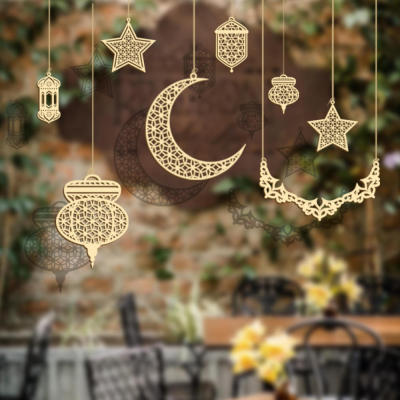 Star Party Decoration Eid Kareem Hollow Moon Light Wooden Ramadan Ornament