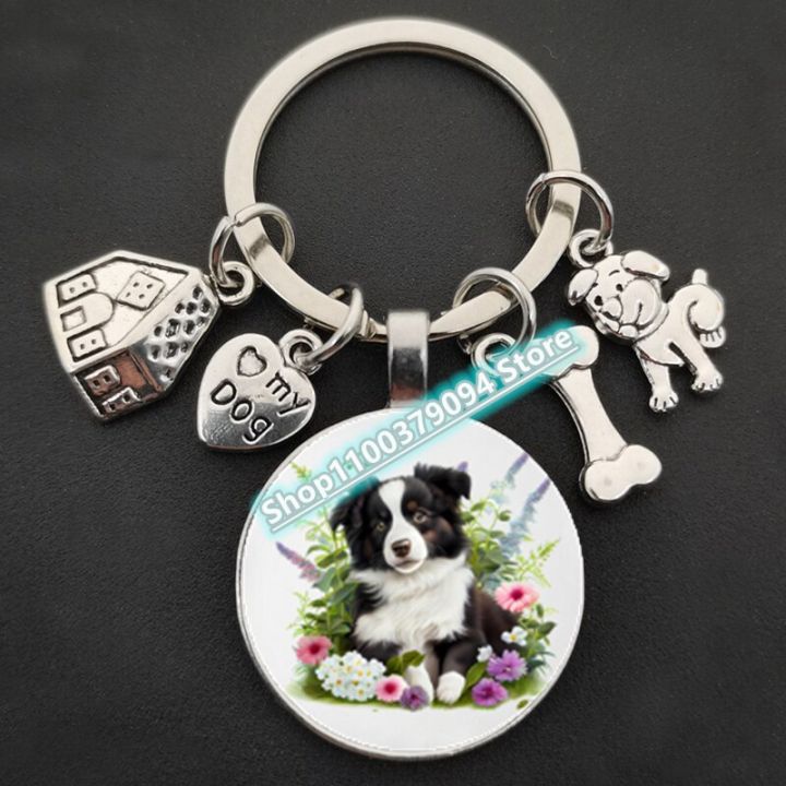 dachshund-bulldog-border-collie-golden-retriever-round-glass-key-chain-cute-dog-house-amulet-i-love-my-dog-pendant-key-chain-key-chains
