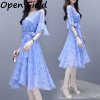 Field Women Dress Summer Slim V-neck Ribbon Dress Elegant Star Flare Sleeves Middle Long Printing Dress