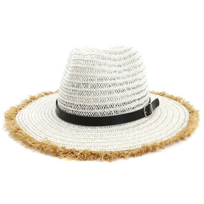 Qbhat ฤดูร้อนของผู้หญิงฟางแจ๊ส Fedora หมวกด้วยเข็มขัดหัวเข็มขัดขนยาวปีกกว้างปานามาบีช sunhat วันหยุดม่านบังแดดหมวกหมวก.