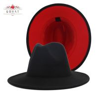 QBHAT Mens Women Black Red Patchwork Wool Felt Floppy Jazz Fedora Hats Fashion Party Formal Hat Wide Brim Panama Trilby Cap