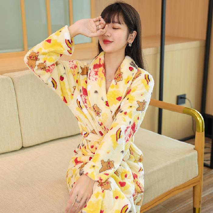 xiaoli-clothing-สตรอเบอร์รี่พิมพ์แขนยาวเสื้อคลุม-nightgown-กิโมโนสักหลาดเสื้อคลุมอาบน้ำฤดูหนาวคาร์ดิแกน-homewear-คอ-v-ชุดนอนหลวม