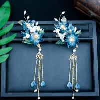 Blue Flower Hairpins Side Clips Retro Chinese Fashion Fringe Jewelry Long Tassel Pendant Headpiece for Women Girls Hanfu Dress Haberdashery