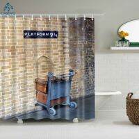 Vintage Style Wood Door Platform 3/4 Wall Bookshelf Shower Curtains Bathroom Curtain Frabic Waterproof Polyester with Hooks