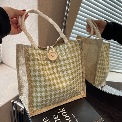 Fresh Ins Handheld Linen Lunch Bag Womens 2023 Summer Handheld Linen Small Satchel Imitation Linen Shopping Bag