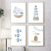 Luyameishop Nautical Nursery โปสเตอร์และพิมพ์ภาพวาดผ้าใบ Nordic Wall Art ภาพเด็กทารกตกแต่งบ้านเรือใบประภาคาร Fish