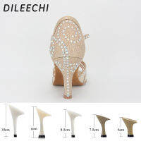 DILEECHI รองเท้าเต้นรำแบบละติน Rhinestones Gold Flash Party Salsa Squre รองเท้าเต้นรำบอลรูม7.5ซม. ส้นสูง Soft Outsole