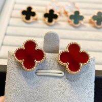 Netizen Four Leaf Grass Earrings for Female Minors with High Grade Sense Rose Gold, Red Jade, Chalcedony, and Fritillaria Earrings and Earrings KCA2