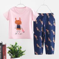 Thin Fabric Gilrs Clothes Set with Short Sleeve+long Pant for 1-6yrs