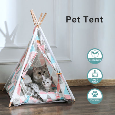 Portable Tent House Cat Bed Solid Wood cket Removable Washable Teepee Canvas Breathable Soft Cat Mat Nest Supplies