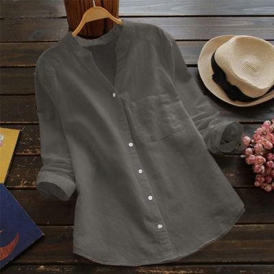 ️ Women Plus Size Blouse Cotton Linen Casual Solid Long Sleeve Shirt