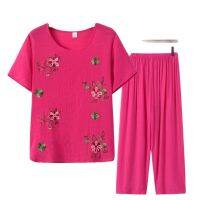 NQL135กลาง-กลางและผู้สูงอายุเสื้อยืดแขนสั้นผู้หญิงผ้าฝ้ายเทียมและผ้าลินิน2ชิ้นชุดแม่เสื้อยืดผู้หญิงแฟชั่น60ปี70กางเกงคุณย่าหรือยาย