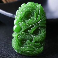 Natural Green Jade Dragon Pendant Necklace Jewellery Fashion Accessories Hand-Carved Man Luck Amulet Gifts Woman Sweater Chain