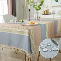 Morris8 Cotton Linen Tablecloth Waterproof Embroidered Leaf With Fringe Kitchen Dining Party Holiday Wrinkle Free Table Cover