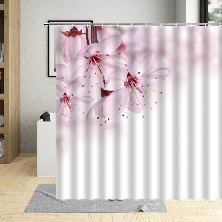 flowering-peach-blossom-pink-shower-curtain-floral-plant-flower-art-home-decor-waterproof-fabric-bathroom-curtains-with-hooks