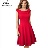 Nice-forever Summer Women Elegant Solid Color with Bow Dresses Cocktail Party Swing Flare Dress A258