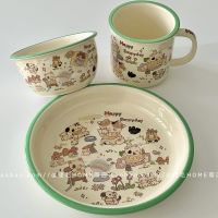 Korean Cute Childlike Cat Paradise Retro Green Edge Ceramic Tableware Mug Rice Bowl Breakfast Plate Instant Noodle Bowl 【Boutique】✜❆