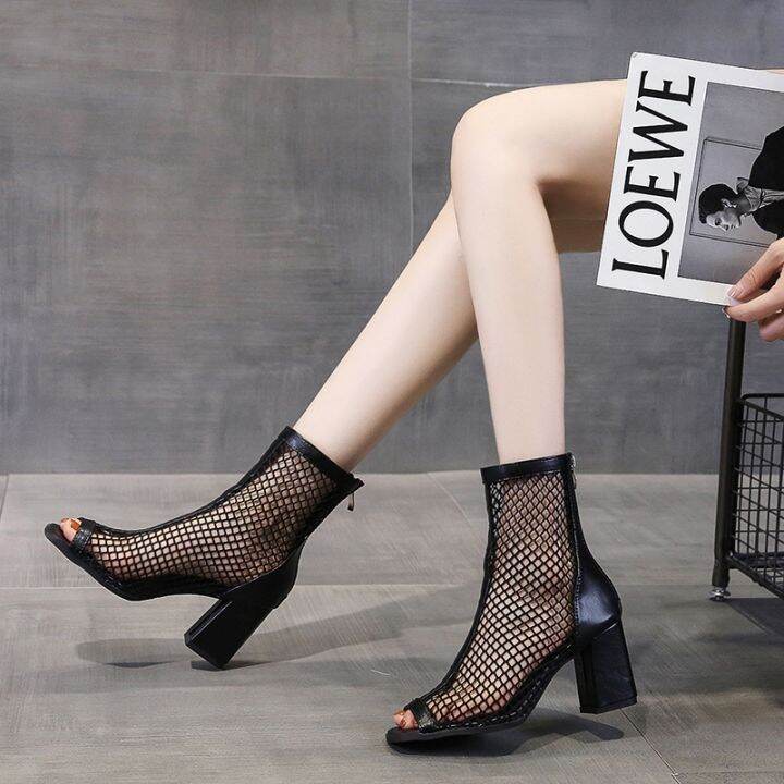 ขายดีที่สุด-ioztt2023-fashion-mesh-sandals-mouth-short-tube-high-heeled-hollow-breathable-toe-2023-new