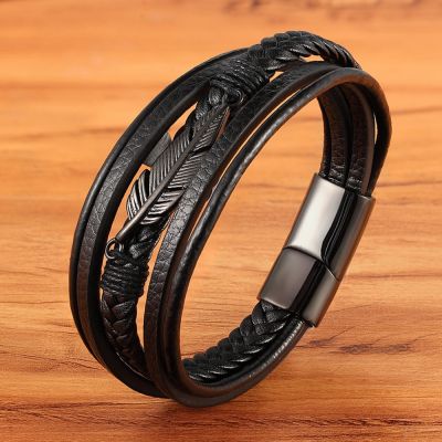 XQNI Multi-layer Leather Feather Shape Accessories Mens Bracelet Stainless Steel Leather Bracelet For Special Birthday Present