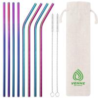 VEHHE Reusable Straws 8 Set Multi Color Stainless Steel Straws Cleaning Brush Porbable Bags Specialty Glassware