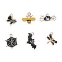 36Pcs 6 Style Light Gold Plated Alloy Pendants with Enamel Butterfly &amp; Bee &amp; Spider &amp; Spider Web &amp; Bat &amp; Dragonfly Shape Black 36pcs/box