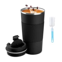 1 Set Thermo Mug Travel Mug Stainless Steel Leakage Proof Mug with Cleaning Brush (Black)