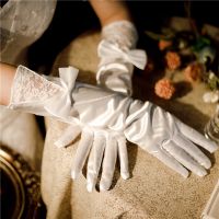 ◇☼♀ Bridal White Lace Satin Gloves Autumn Winter Wedding Satin Bow Wedding Dress Wedding Accessories Long Gloves