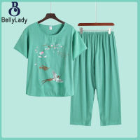 Women Pajamas Suit Cotton Linen Printing Short Sleeves Round Neck Tops Wide Leg Pants Two Piece Sleeping Wear Suit【fast】